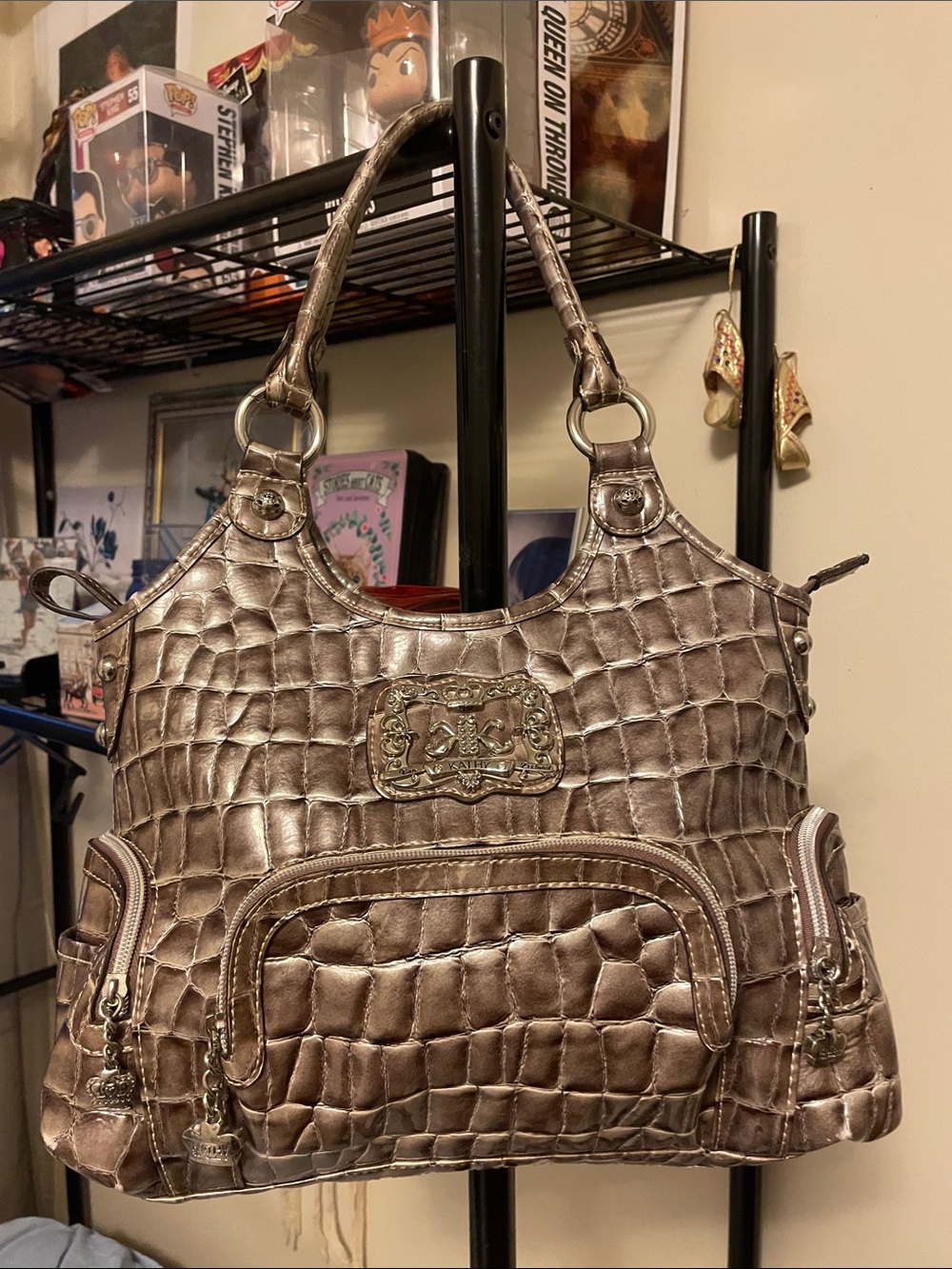 Kathy Van Zeeland Silver/Taupe Croc Embossed Shoulderbag